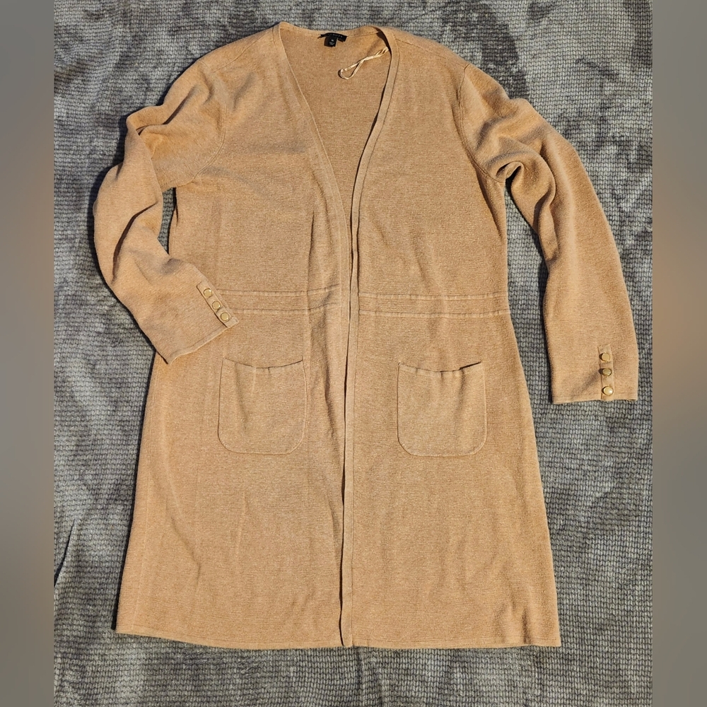 Talbots Womens Long Cardigan, Med Wheat Brown 2 Pockets Duster Grannycore Layer